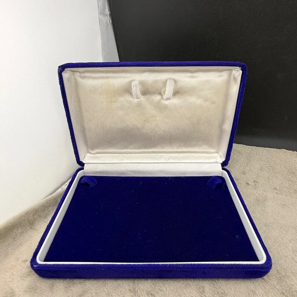 Vintage Jewelry Display Box Blue Velvet Hinged Satin Lining Storage Case